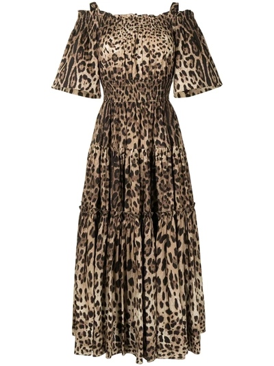 Dolce & Gabbana Leopard-print Cotton Midi Dress In Brown