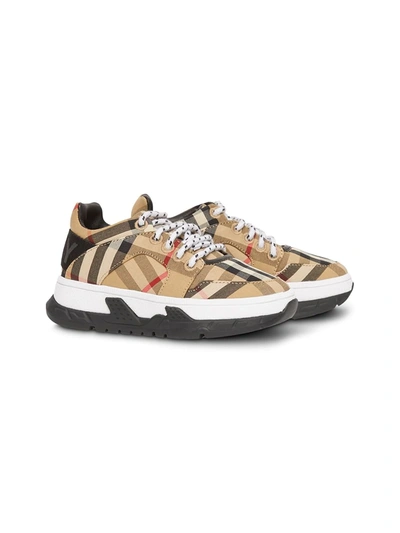 Burberry Brockton Check-print Leather-trimmed Canvas Trainers 7-9 Years In Archive Beige