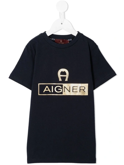 Aigner Kids' Metallic Logo Print T-shirt In Blue