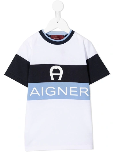 Aigner Kids' Logo条纹t恤 In White