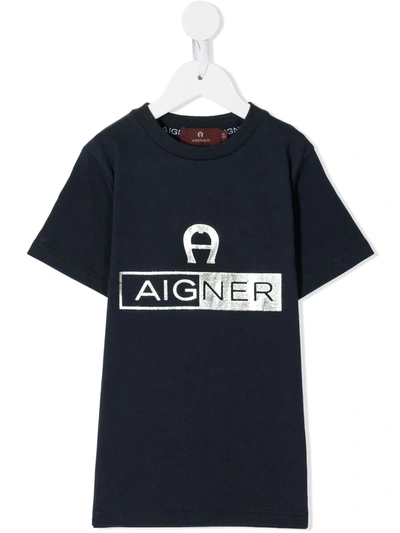 Aigner Kids' 金属感logo印花t恤 In Blue