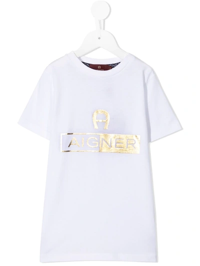 Aigner Kids' 金属感logo印花t恤 In White