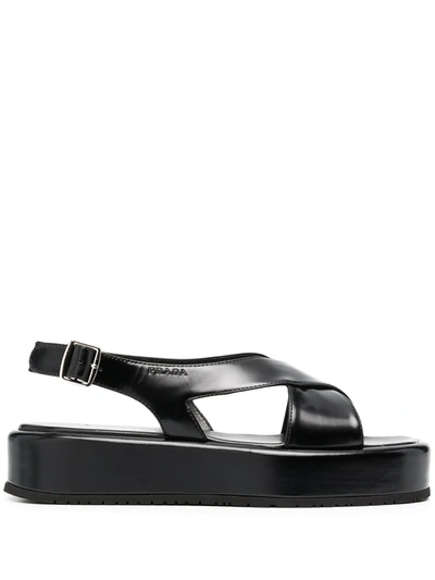 Prada Debossed-logo Flat Sandals In Black