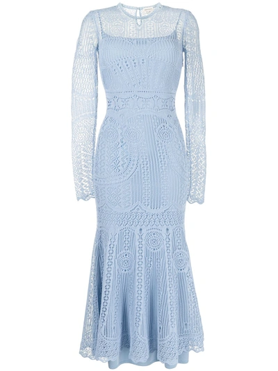 Alexander Mcqueen Long-sleeve Crochet-effect Dress In Blue
