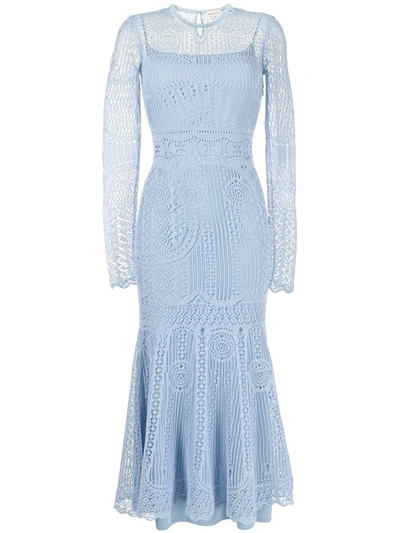 Alexander Mcqueen Long-sleeve Crochet-effect Dress In Blue | ModeSens