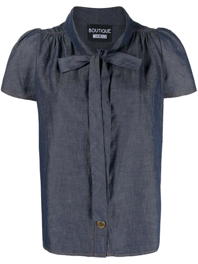 Boutique Moschino Pussybow Chambray Blouse In Blue
