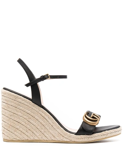 Gucci Leather Aitana Espadrille Wedge Sandals 85 In Black