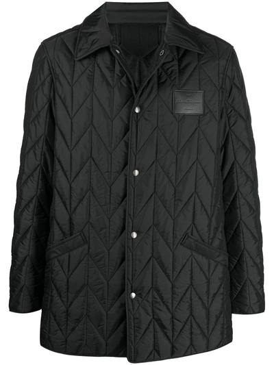Ferragamo Quilted Jacket With Leather Logo Patch In Black