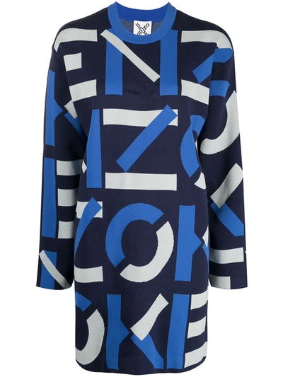 Kenzo Monogram Cotton Blend Knit Mini Dress In Blue,grey