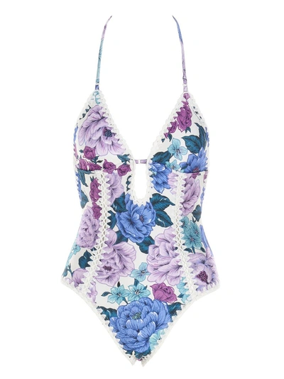 Zimmermann Floral Print Crochet-edge Swimsuit In Blue