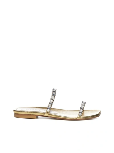 Stuart Weitzman Aleena Shine Pearly Crystal Flat Sandals In Gold