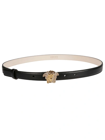Versace Palazzo Dia Belt With Crystal-encrusted Medusa Buckle In Black