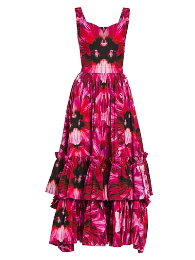 Alexander Mcqueen Bicolor Ruffled Cotton Poplin Midi Dress In Orchid Pink