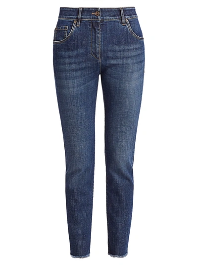Brunello Cucinelli Women's Skinny Fray-hem Straight-leg Jeans In Blue