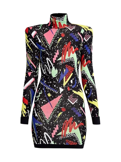 Balmain '80s Jacquard Long Sleeve Mini Jumper Dress In Multi Pattern
