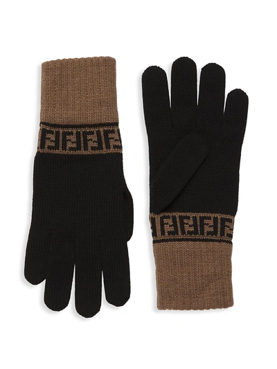 Fendi Men's Logo Wool Gloves In Black Multi