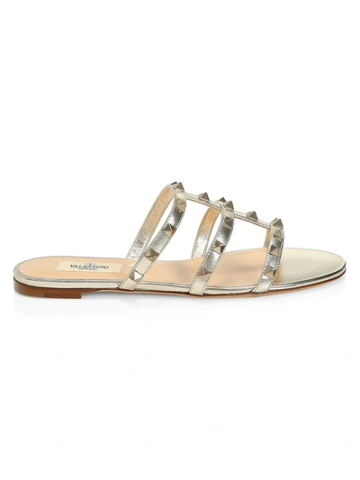 Valentino Garavani Rockstud Flat Leather Slides In Silver