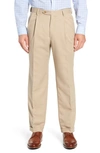 Berle Self Sizer Waist Pleated Classic Fit Microfiber Trousers In Tan