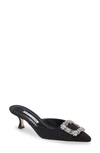 Manolo Blahnik Maysale Crystal Buckle Pointed Toe Mule In Black