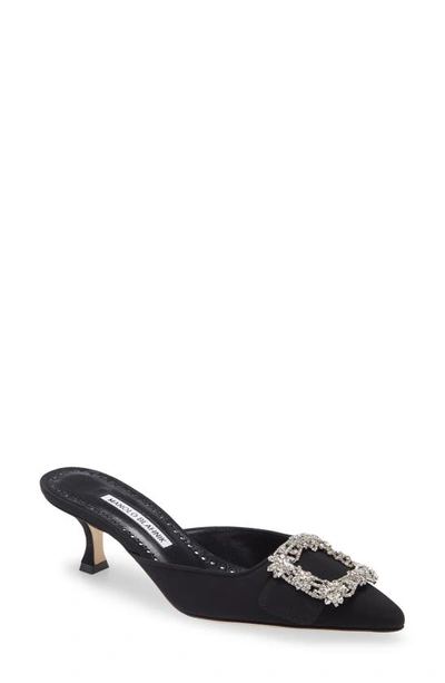 Manolo Blahnik Maysale Crystal Buckle Pointed Toe Mule In Black