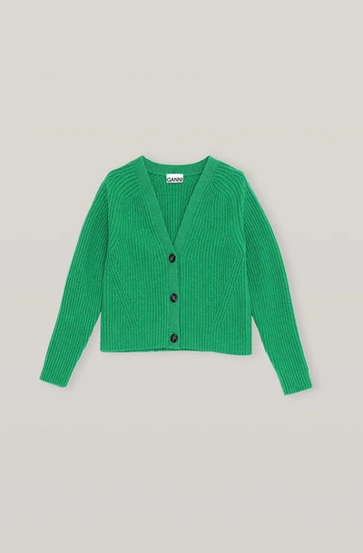 Ganni Rib Knit Cardigan In Green
