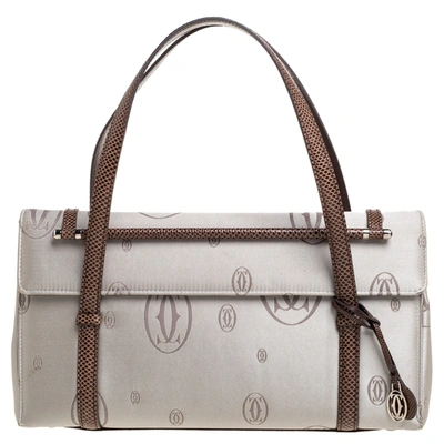 Pre-owned Cartier Grey/brown Satin And Leather Karung Trimmed Happy Birthday Cabochon Flap Bag