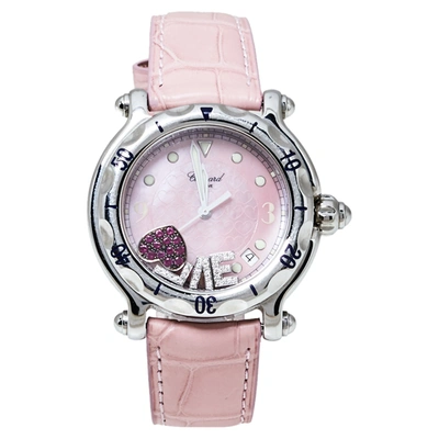 Pre-owned Chopard Pink Stainless Steel Diamonds Love Happy Sport 28/8950-401 Women's Wristwatch 38 Mm