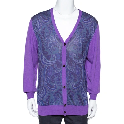 Pre-owned Etro Purple Paisley Printed Wool Button Front Cardigan Xl