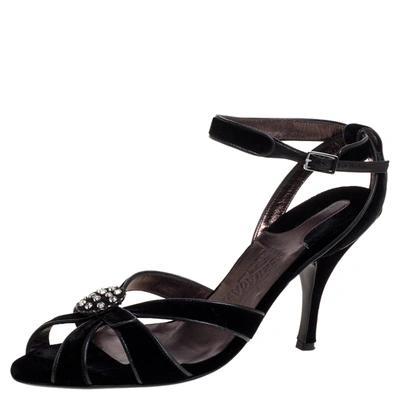 Pre-owned Ferragamo Black Velvet Embellished Strappy Sandals Size 40.5
