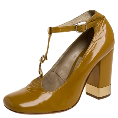 Pre-owned Chloé Yellow Leather T Strap Square Toe Pumps Size 37