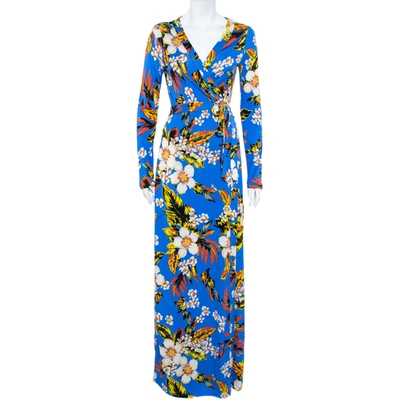 Pre-owned Diane Von Furstenberg Blue Floral Printed Silk Maxi Wrap Dress M
