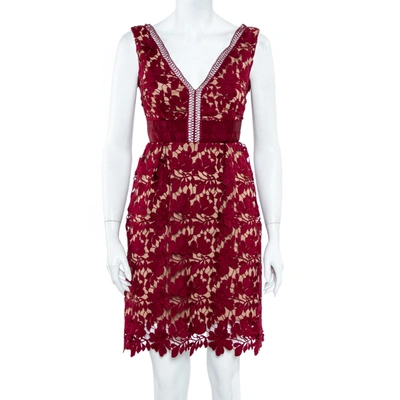 Pre-owned Self-portrait Burgundy Guipure Lace Plunge Neck Detail Short Dress S