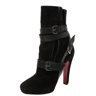 Pre-owned Christian Louboutin Black Suede Leather Guerriere 120 Buckle Platform Ankle Boots Size 40