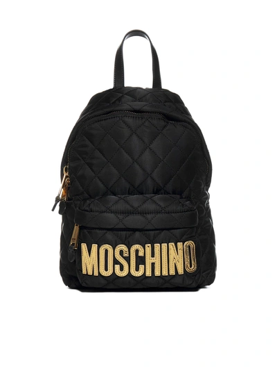 Moschino Logo Diamond-quilted Nylon Medium Backpack In Fantasia Nero