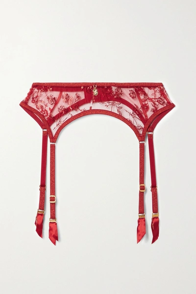 Agent Provocateur Zadi Metallic Embroidered Tulle Suspender Belt In Red