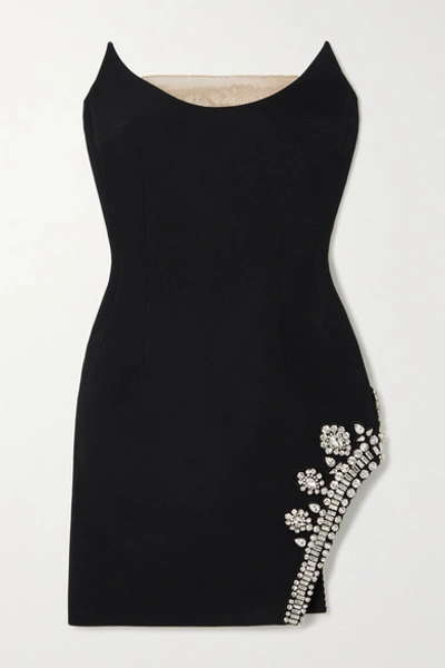 David Koma Strapless Sequined Tulle-trimmed Crystal-embellished Cady Mini Dress In Black