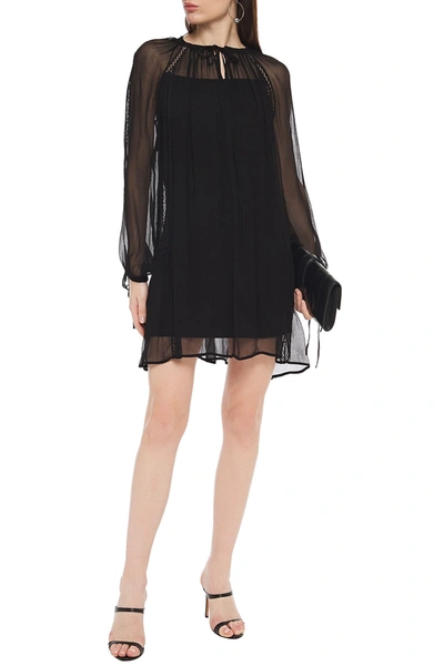 Mcq By Alexander Mcqueen Lattice-trimmed Gathered Crepon Mini Dress In Black