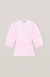 Ganni Blouson-sleeve Cotton-poplin Wrap Top In Cherry Blossom