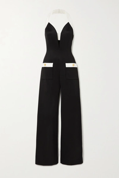 Balmain Two-tone Stretch-jersey Halterneck Jumpsuit In Black