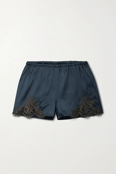 Id Sarrieri Hôtel Particulier Chantilly Lace-trimmed Silk-blend Satin Pajama Shorts In Midnight Blue