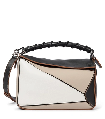 Loewe Puzzle Small Color-block Leather Shoulder Bag In Light Oat/black