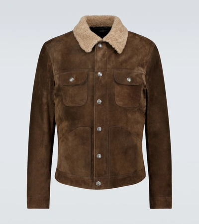 Tom Ford Slim-fit Shearling-trimmed Suede Trucker Jacket In Brown