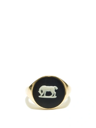 Ferian Horse Wedgwood Cameo & 9kt Gold Signet Ring In Black White