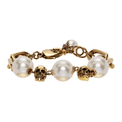 Alexander Mcqueen Skull And Faux Pearl-embellished Chain Bracelet In Antique Gold