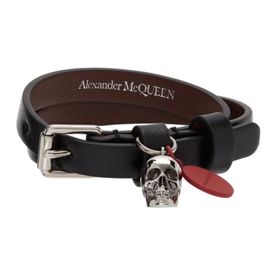 Alexander Mcqueen Men's Leather Double Wrap Bracelet W/ Graffiti Logo & Skull Charm In Black