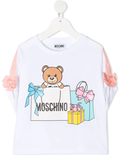 Moschino Kids' Jersey T-shirt With Bows And Teddy Bear Print In White