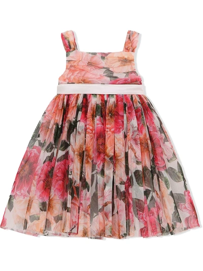 Dolce & Gabbana Kids' Floral-print Pleated Mini Dress In Rosa