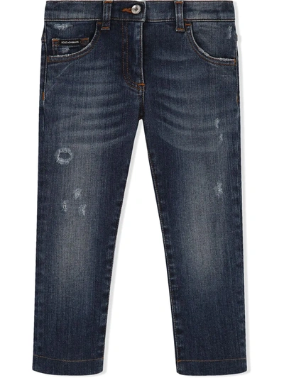 Dolce & Gabbana Kids' Dark Blue Skinny Stretch Jeans With Floral Patch