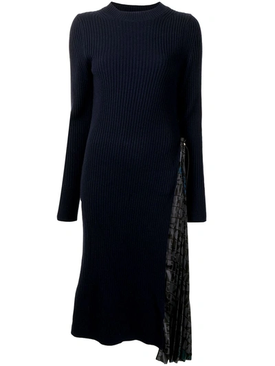Sacai Ribbed Knit Dress With Side Pleat Detail In Blue