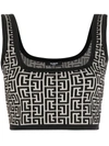 Balmain Monogram Jacquard Wool Blend Crop Top In Neutrals